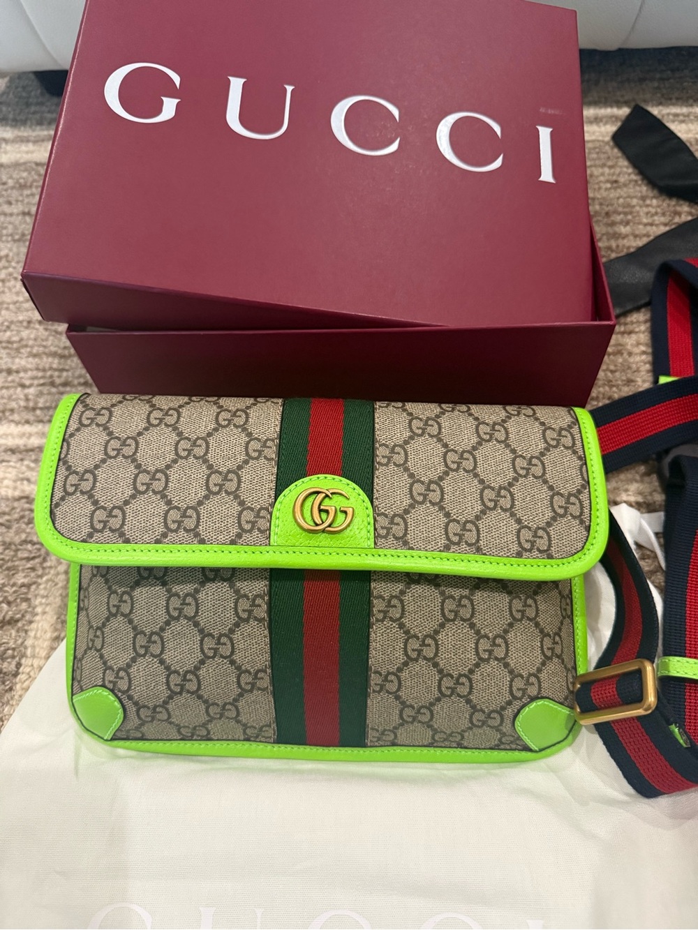 Gucci GG Supreme Crossbody with Lime Green Trim and Signature Web